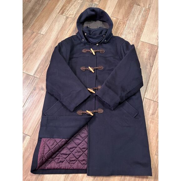 LL Bean Vintage Duffle Coat Womens Navy Blue Lambs Wool Hooded Lined Large - Picture 3 of 13
